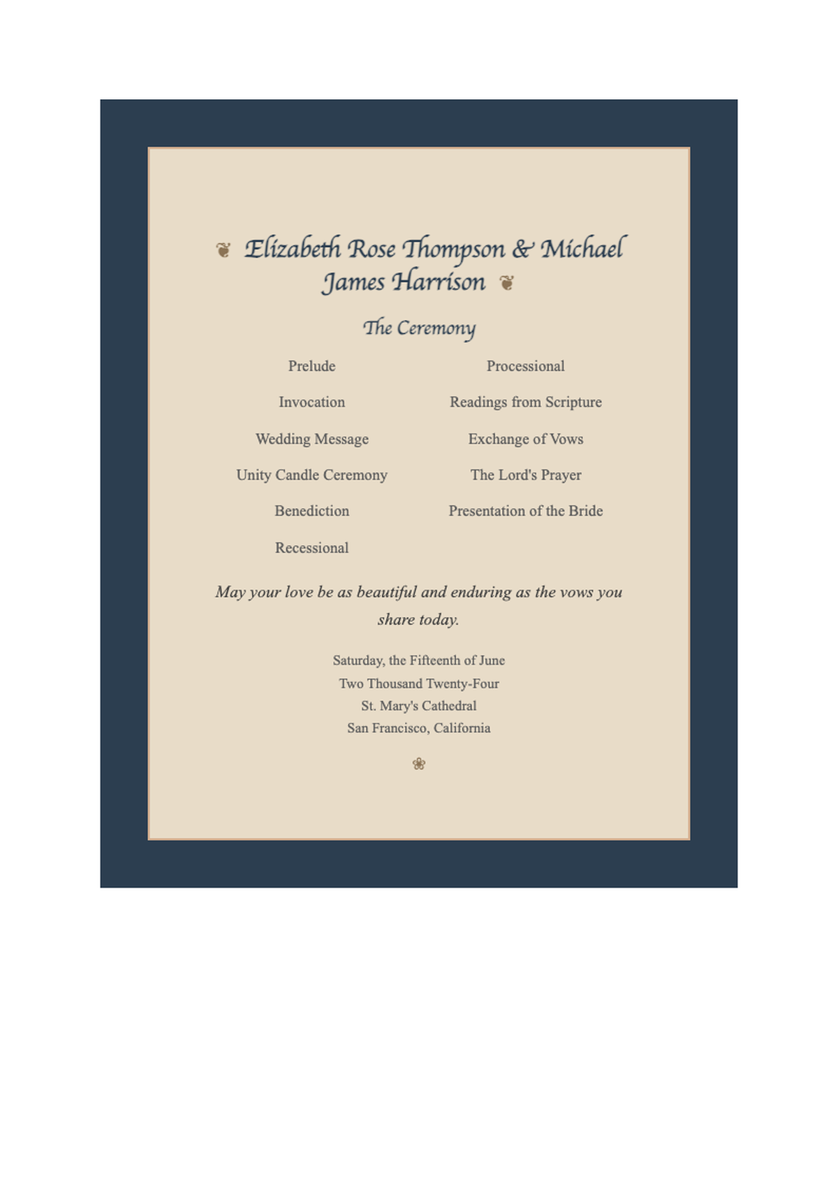Elegant wedding ceremony program with gold accents and classic typography_variant_1